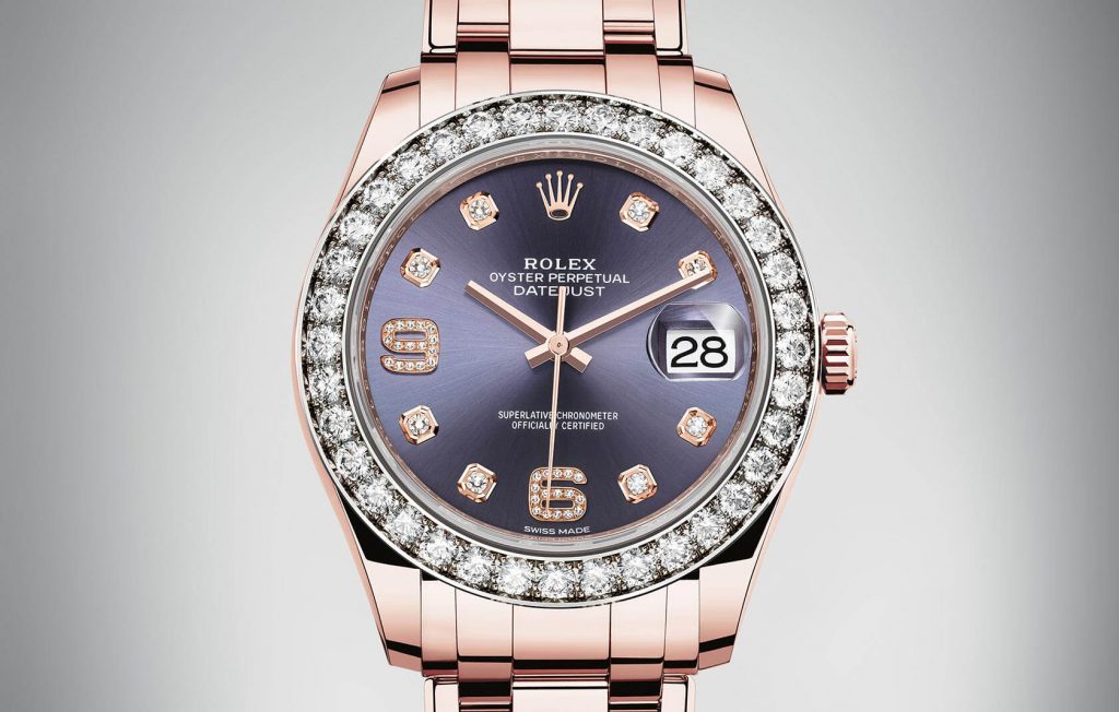 The 18ct everose gold fake watch is decorated with diamonds.